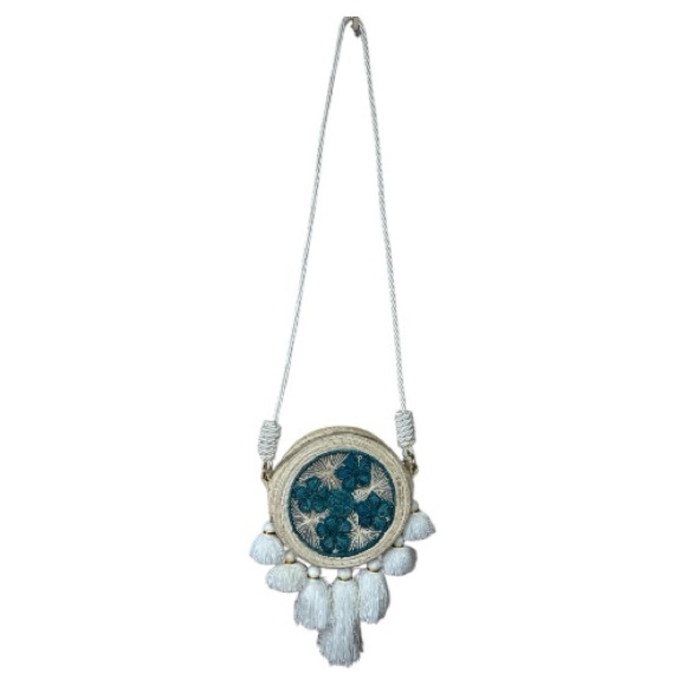 Boho Round Woven Crossbody Bag with Tassels | Teal Embroidery